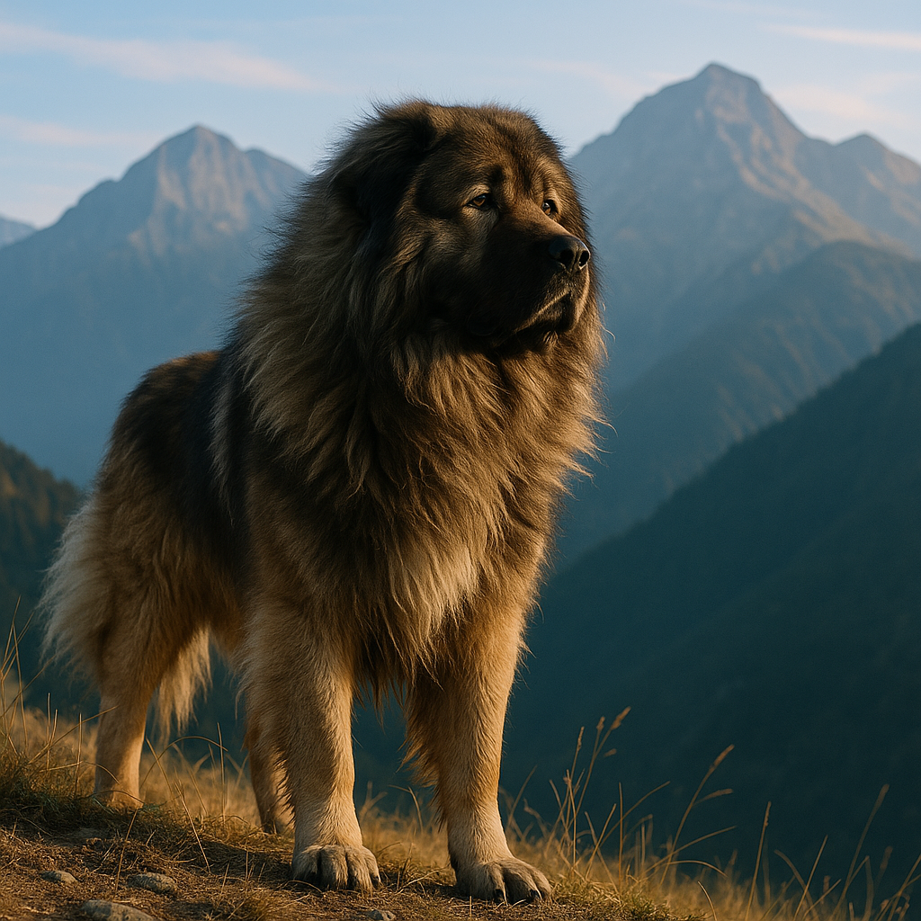 Caucasian Shepherd Dog debout en posture de garde devant un paysage montagneux