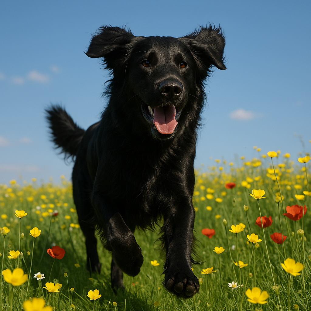 Flat-Coated Retriever courant dans un champ de fleurs