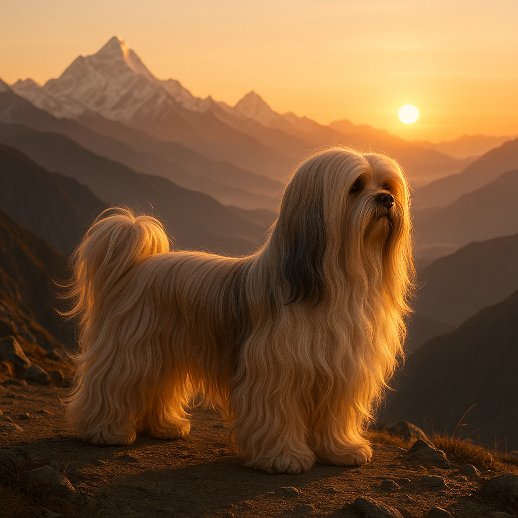 Lhasa Apso debout sur une crête himalayenne au lever du soleil
