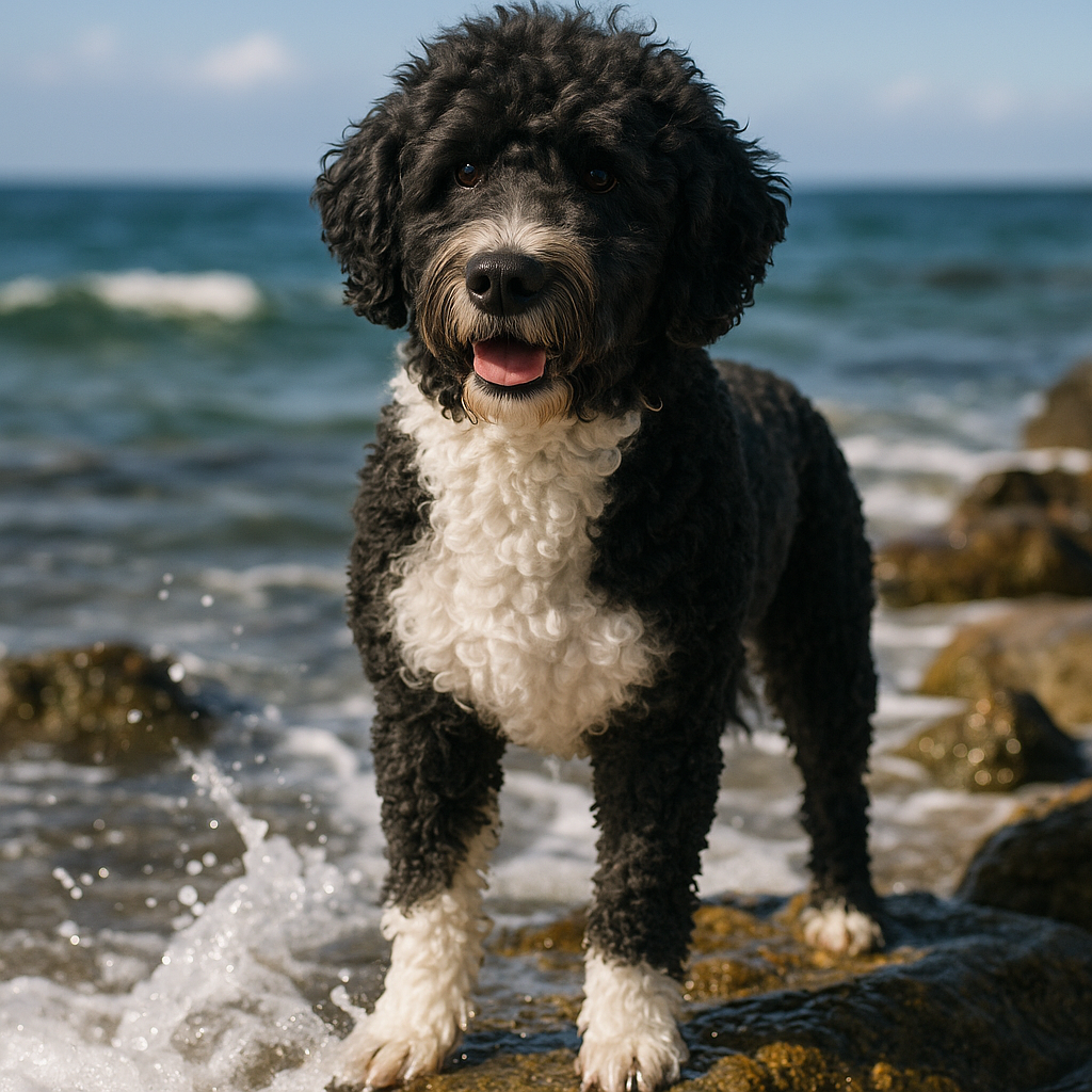 Chien d’eau lusitanien jouant au bord de l’eau