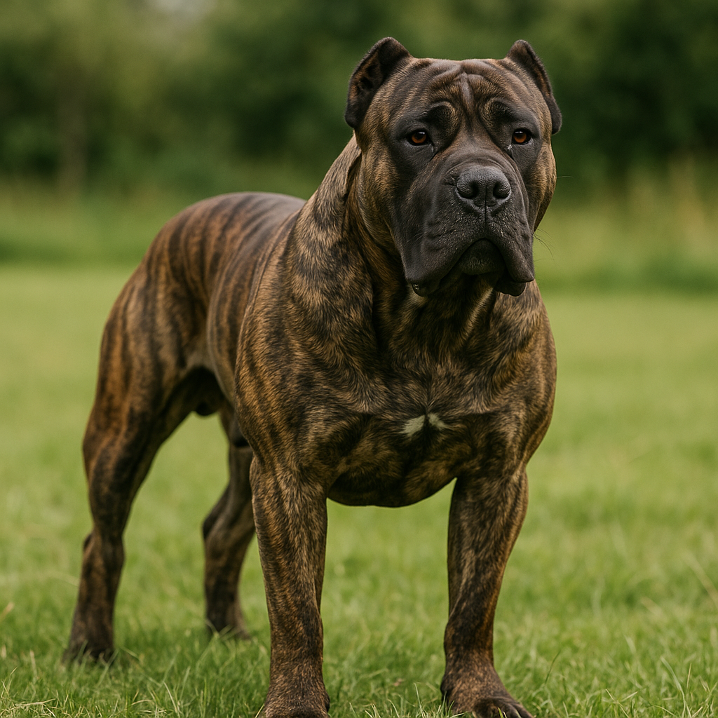 Presa Canario debout sur un champ, montrant sa silhouette musclée et son pelage bringé