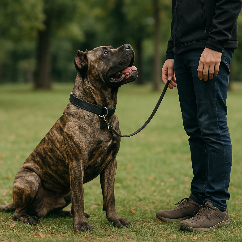 Presa Canario en séance d'obéissance avec son maître dans un parc