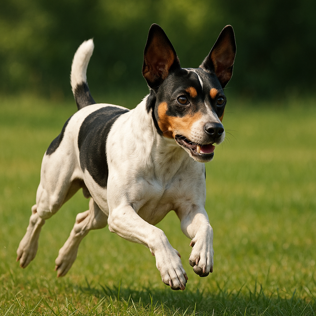 Rat Terrier en pleine course dans un champ verdoyant, illustrant sa vigilance et sa vivacité