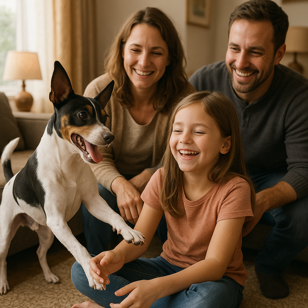 Rat Terrier ludique et affectueux jouant avec une famille dans un salon confortable