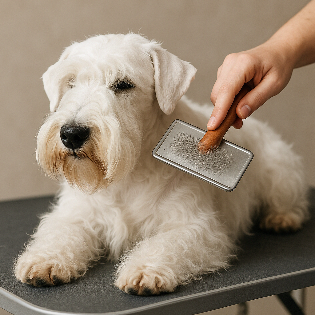 Sealyham Terrier pendant une séance de toilettage à la brosse