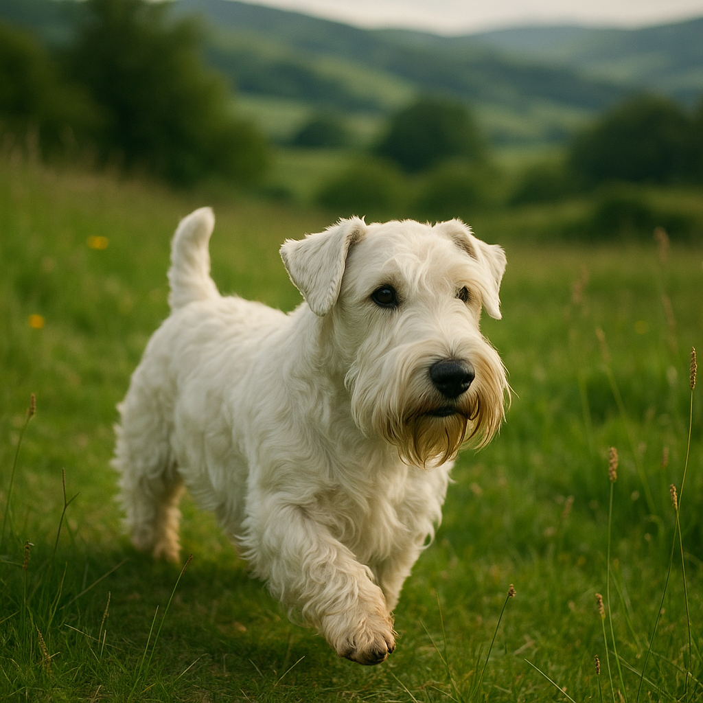 Sealyham Terrier marchant dans une prairie galloise