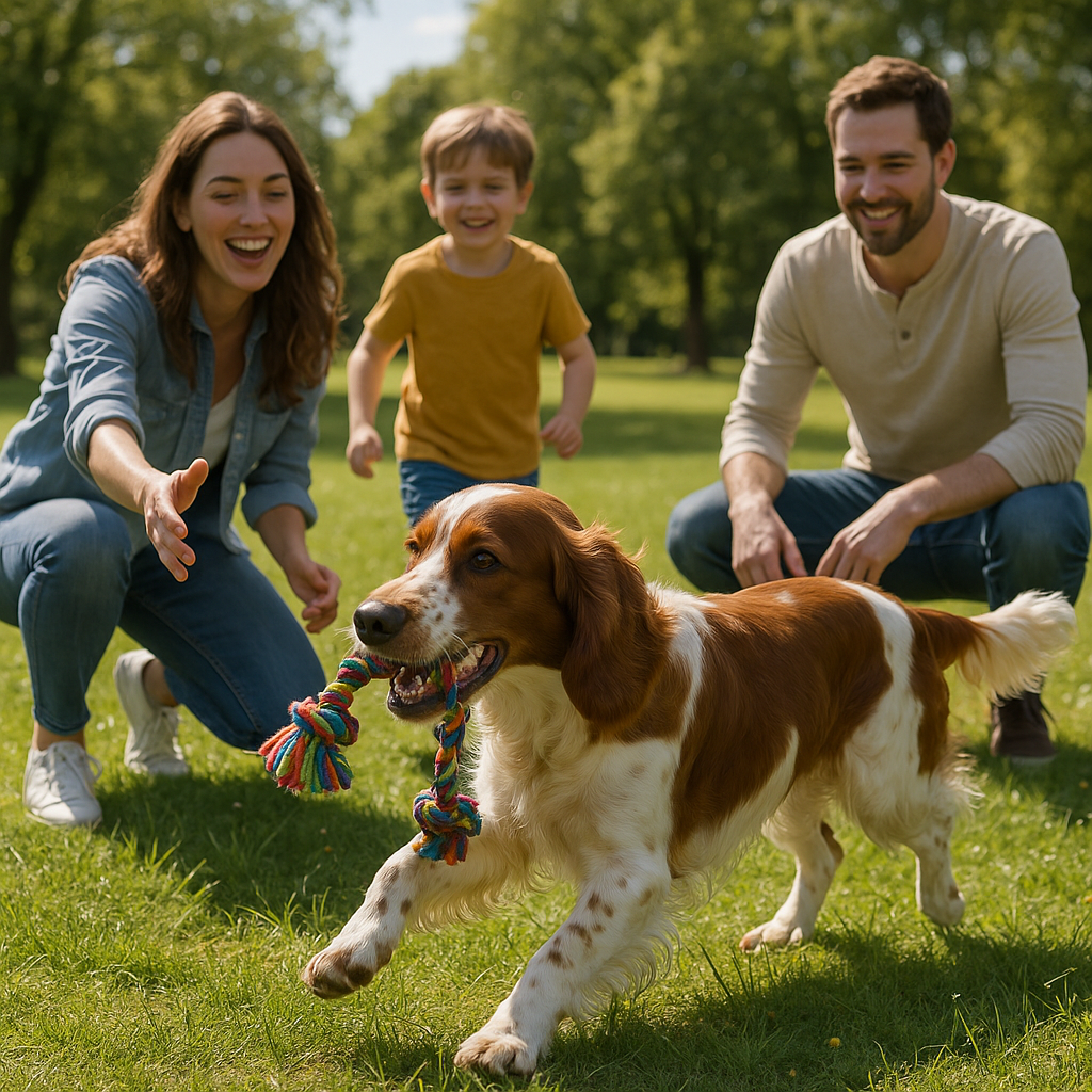 Welsh Springer Spaniel jouant avec une famille dans un parc