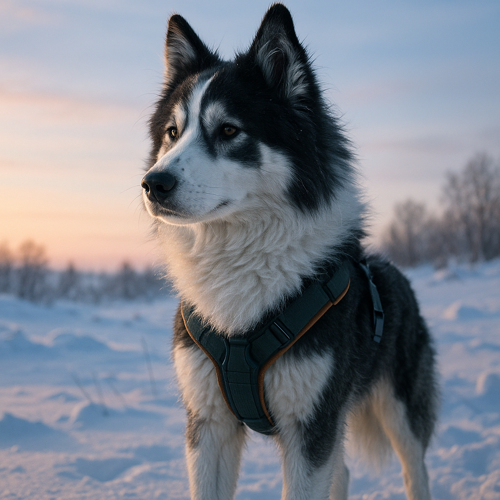 Yakutian Laika en tenue de traîneau dans la neige