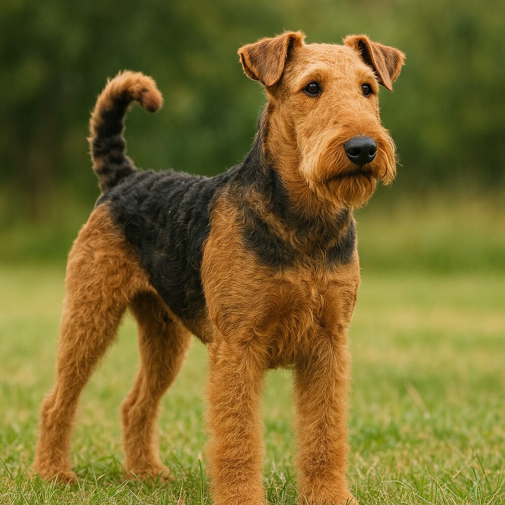 Airedale Terrier debout dans un champ verdoyant