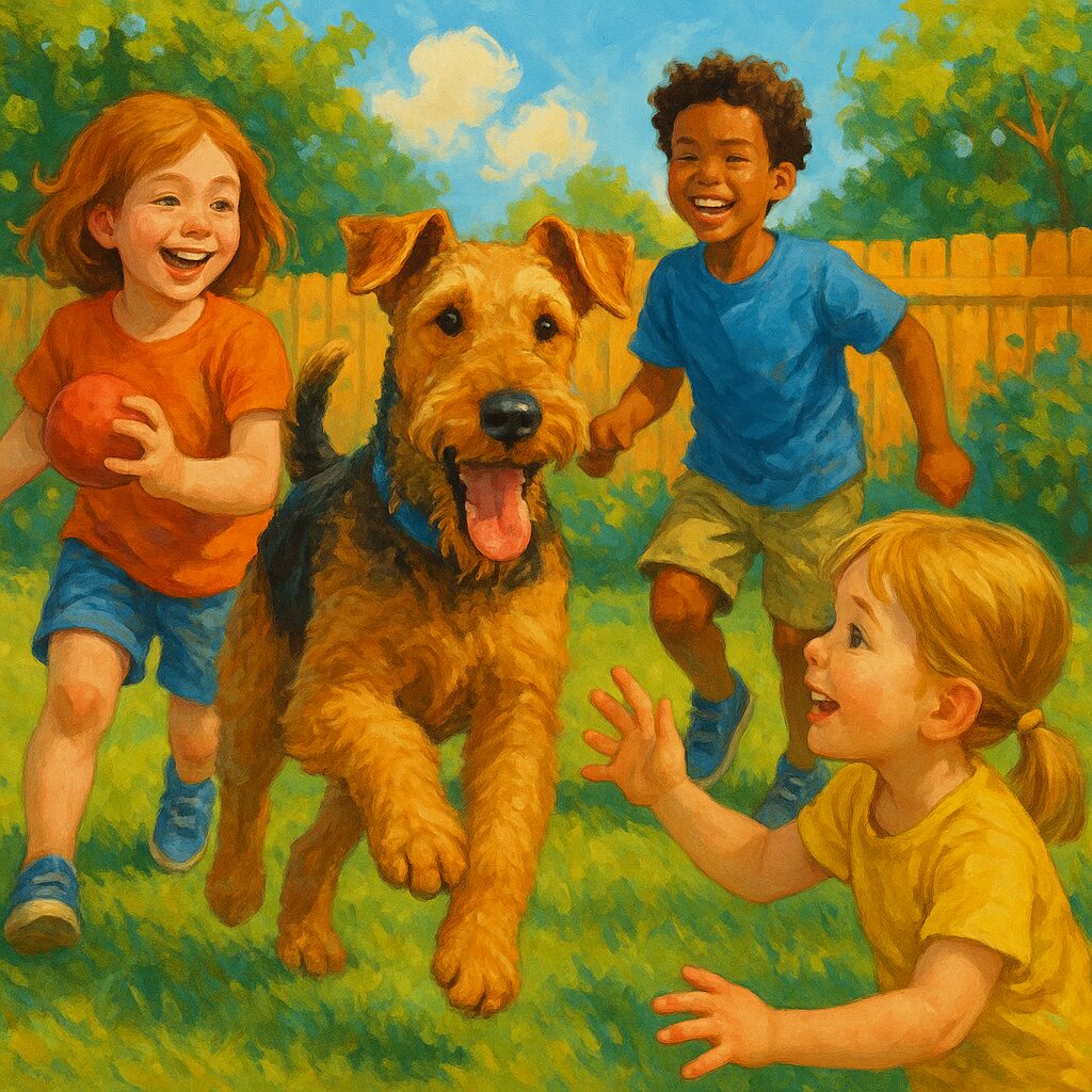Airedale Terrier jouant avec des enfants