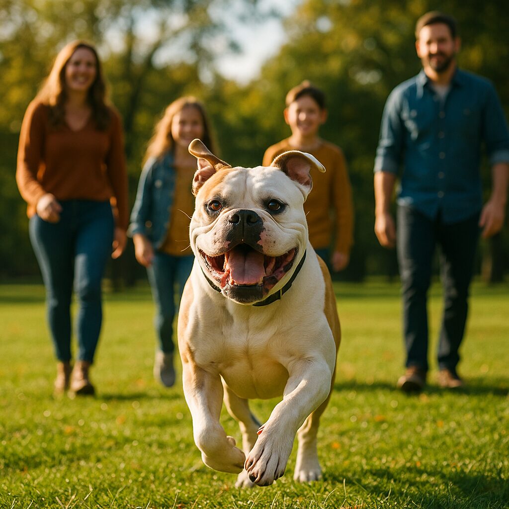 American Bulldog courant dans un parc avec une famille, atmosphère énergique et complice