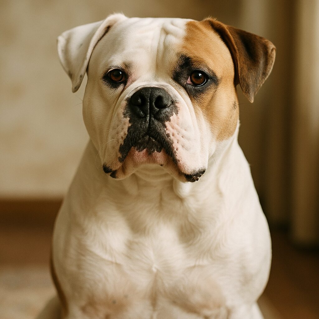 Portrait d'un American Bulldog assis, regard franc, pelage blanc et tache fauve