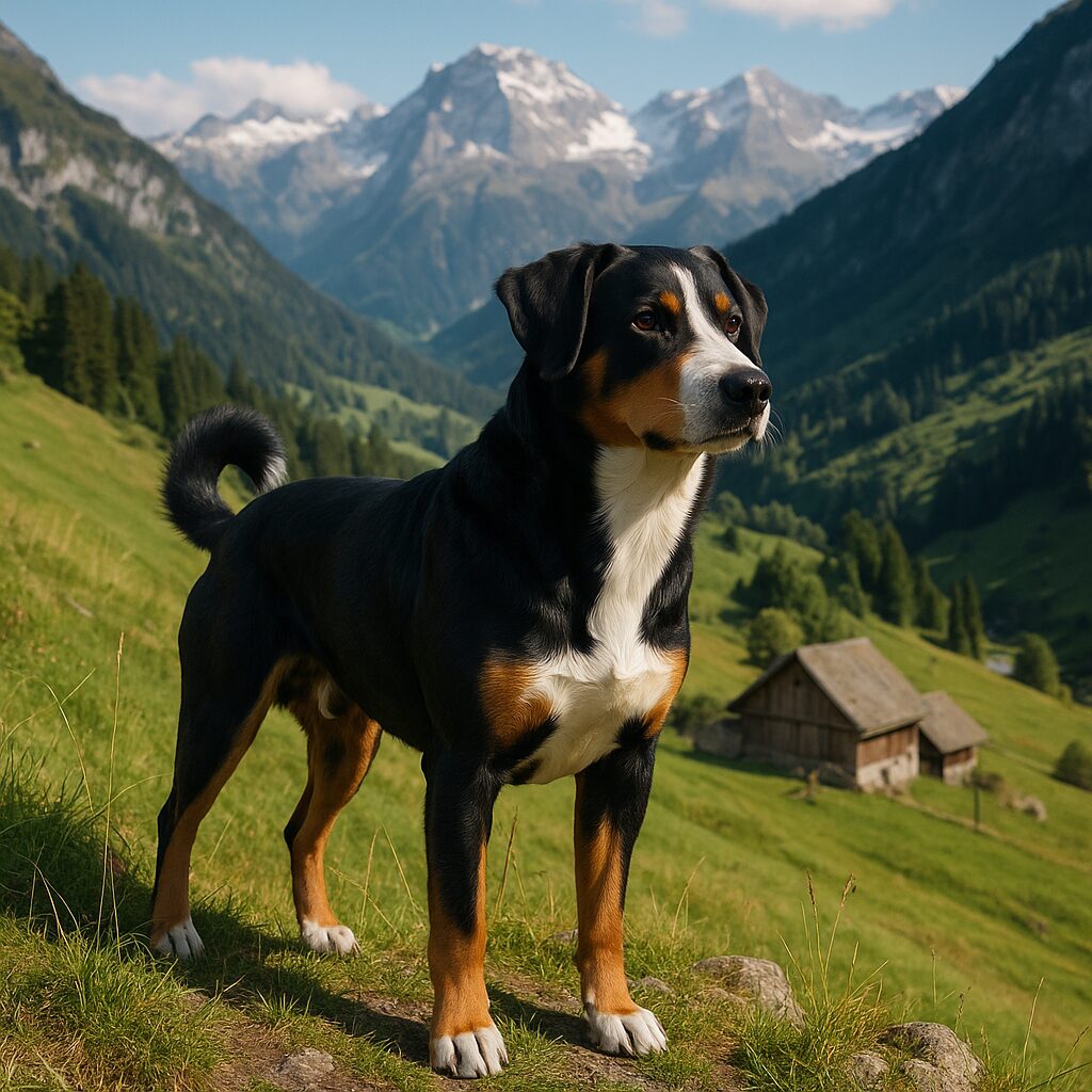 Appenzeller Sennenhund en action sur une ferme, style réaliste