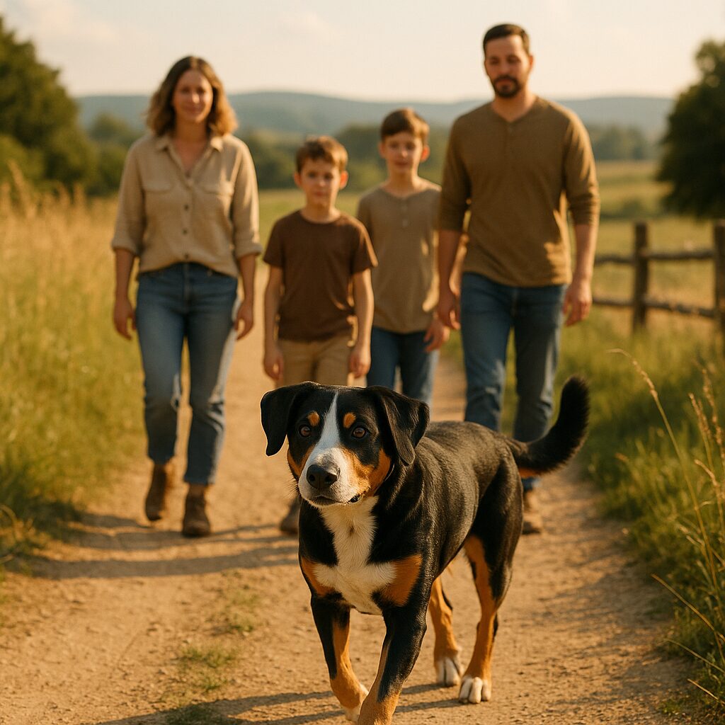 Appenzeller Sennenhund aux côtés d'une famille sur un sentier, atmosphère champêtre