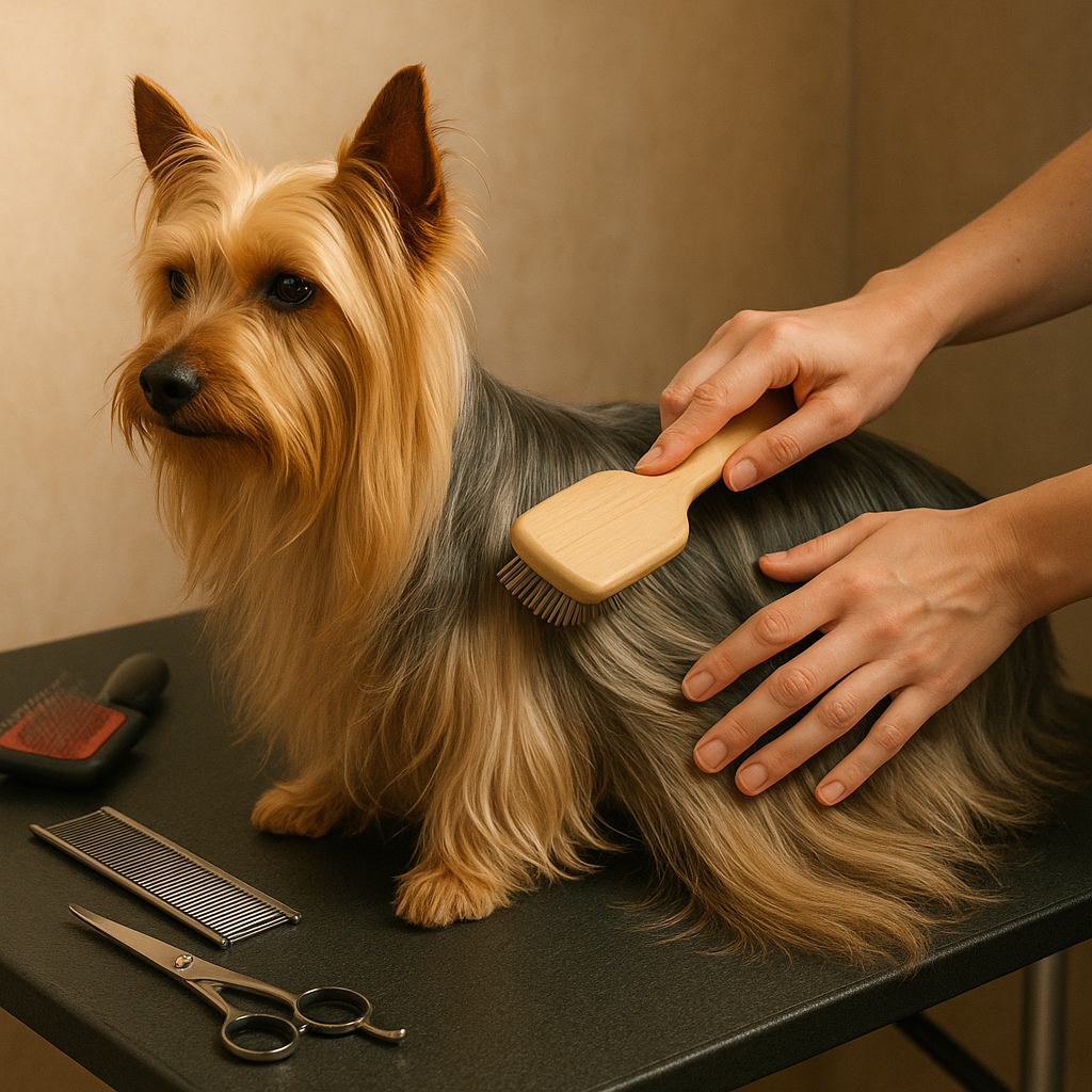 Toilettage d'un Australian Silky Terrier : brossage du pelage soyeux