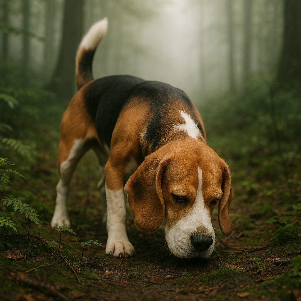 Beagle reniflant le sol dans un sous-bois, concentré sur une piste olfactive