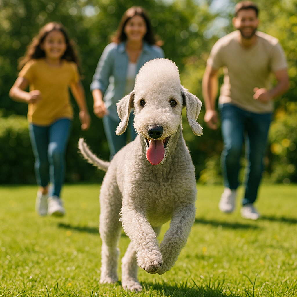 Bedlington Terrier jouant dans un jardin avec une famille, montrant son côté actif et affectueux