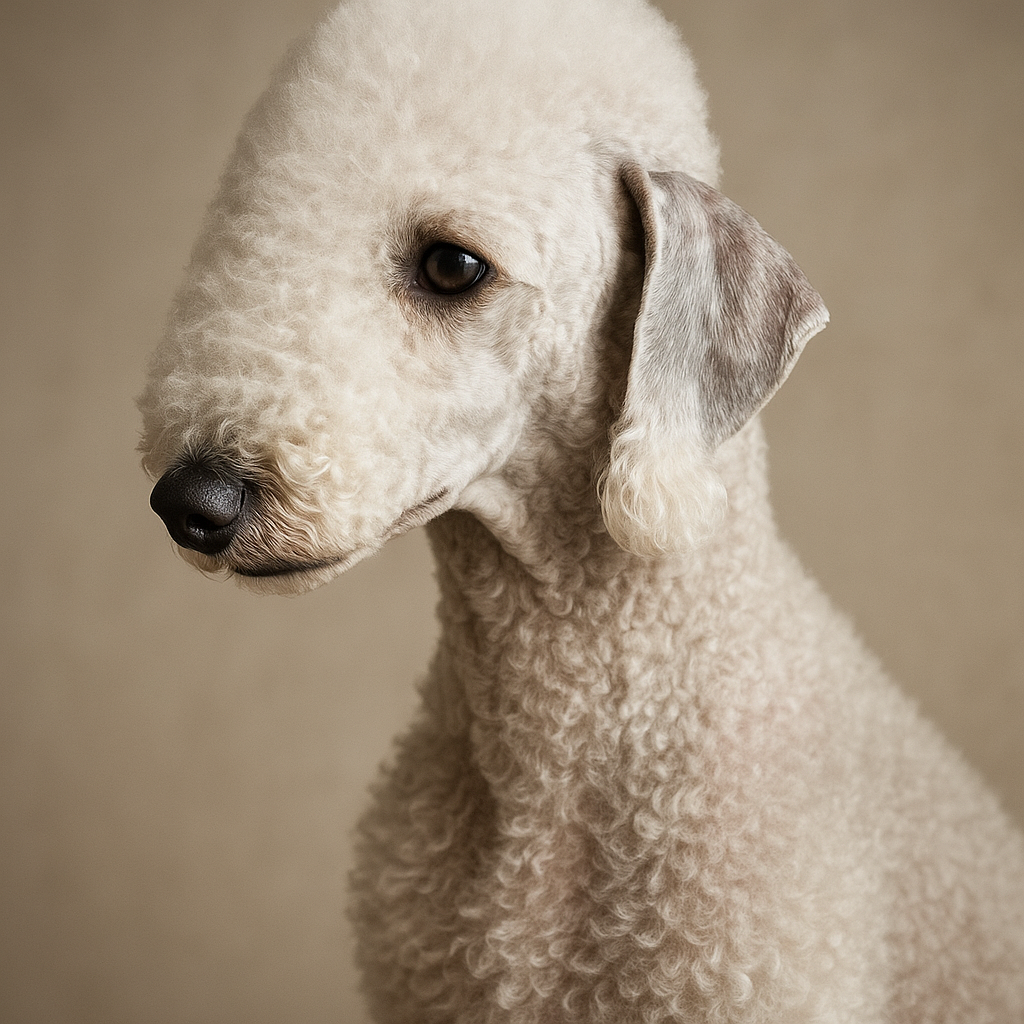 Portrait de Bedlington Terrier montrant le profil d'agneau et le pelage laineux
