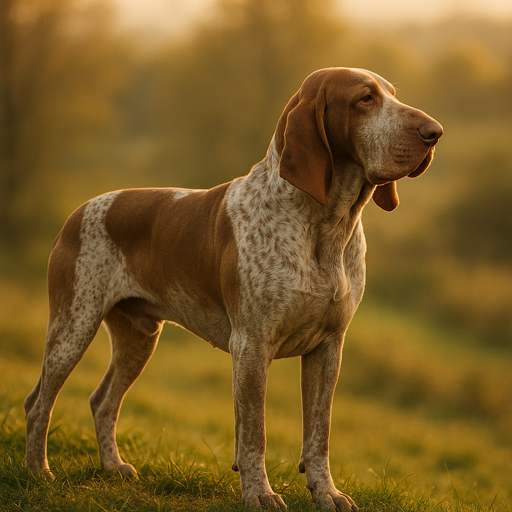 Portrait de profil d'un Bracco Italiano montrant sa silhouette carrée et sa tête expressive