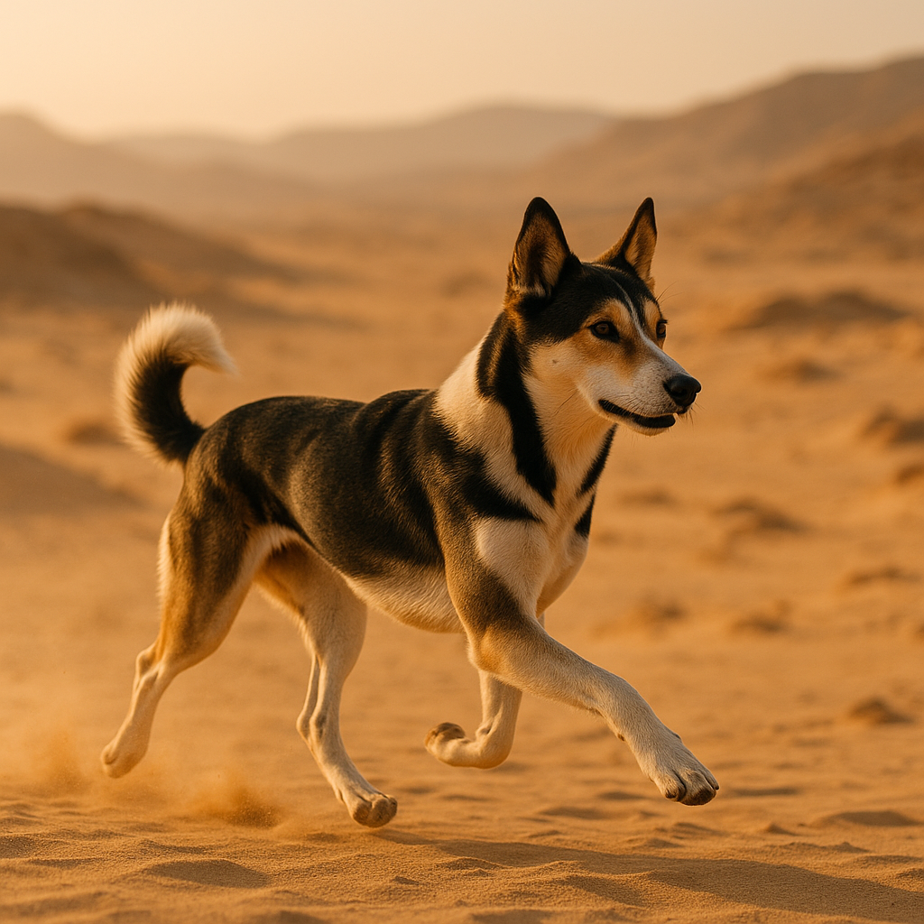 Chien du Canaan courant dans un paysage désertique, démontrant son endurance
