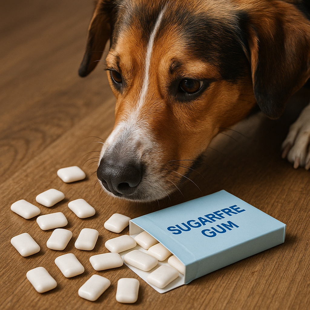 Chien intrigué par un chewing-gum