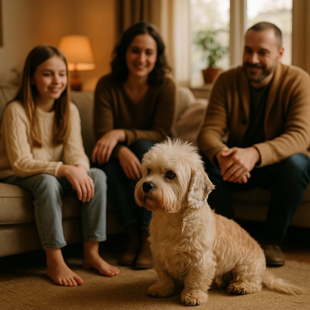 Dandie Dinmont Terrier assis près d'une famille dans un salon cosy, interaction douce
