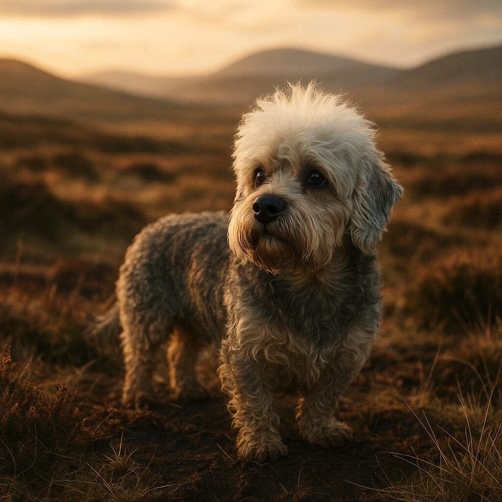 Dandie Dinmont Terrier debout dans un paysage écossais, robe pepper, tête touffue