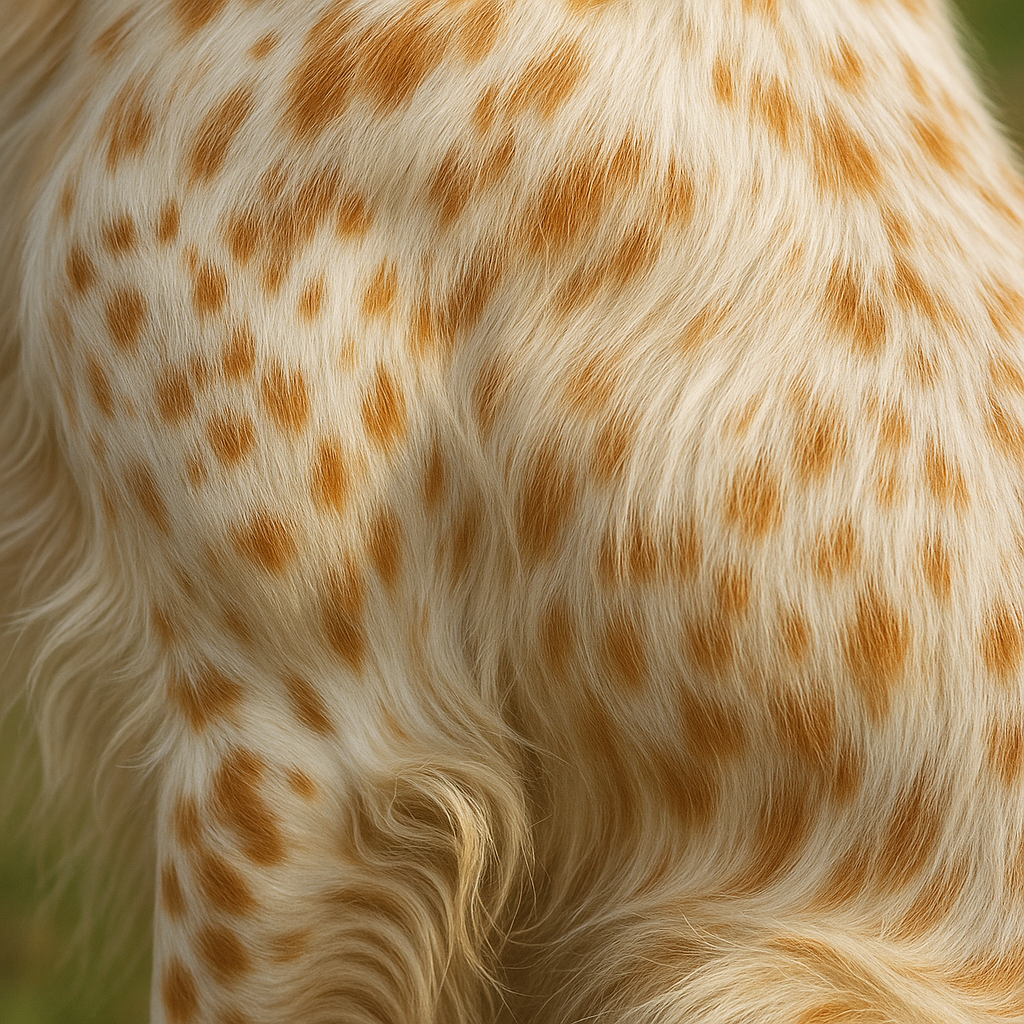 Gros plan sur le pelage tacheté d'un English Setter, montrant le motif belton