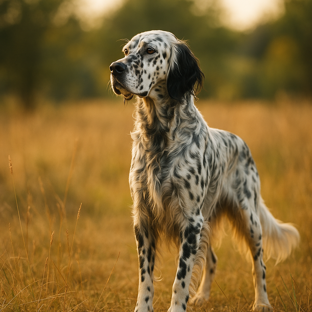 Portrait d'un English Setter tacheté dans un champ, montrant son port noble