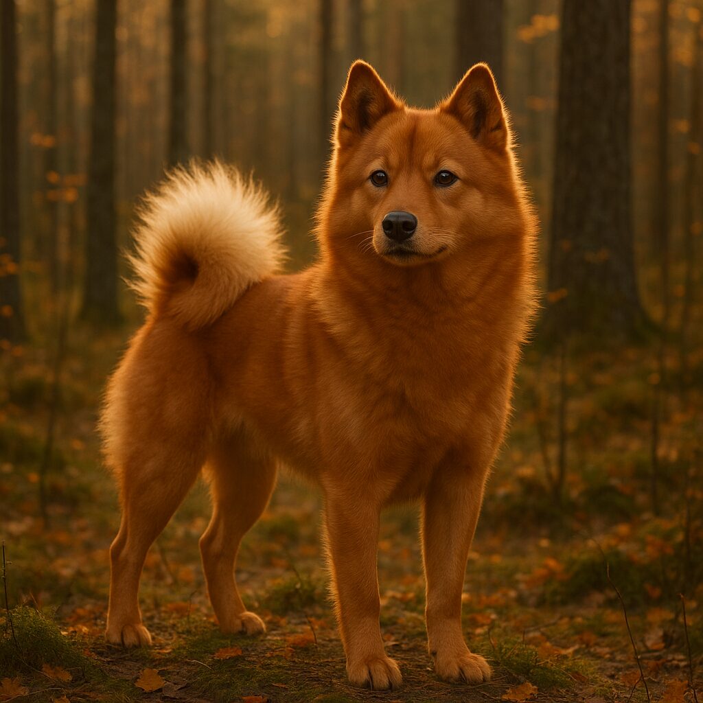 Finnish Spitz debout en forêt d'automne, pelage roux et queue enroulée