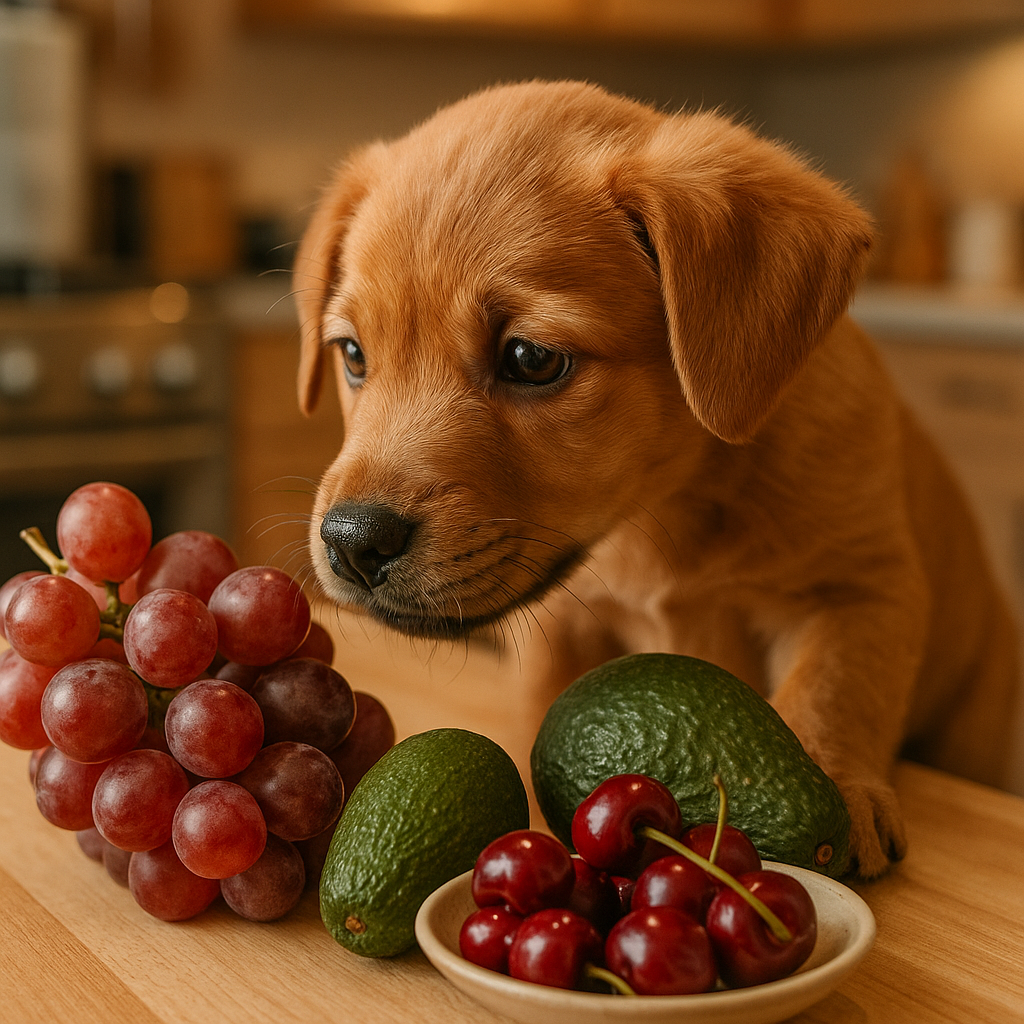 Chiot tentant de goûter à des fruits interdits