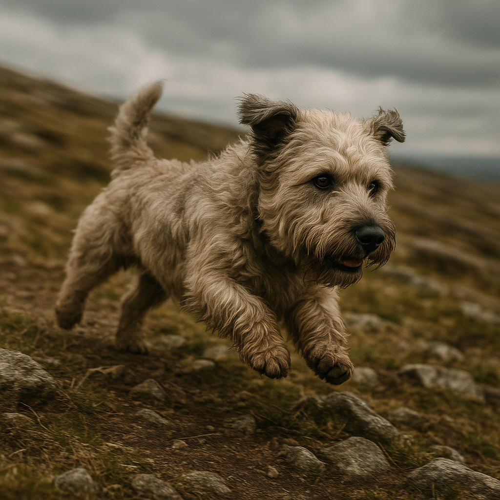 Glen of Imaal Terrier en balade sur terrain accidenté, montrant sa robustesse