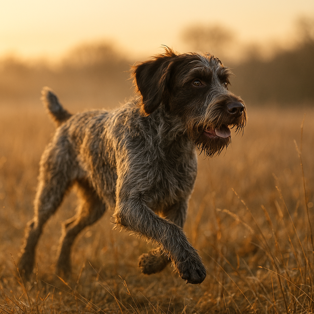 Wirehaired Pointing Griffon en action dans un champ, type de gait et posture de chasse