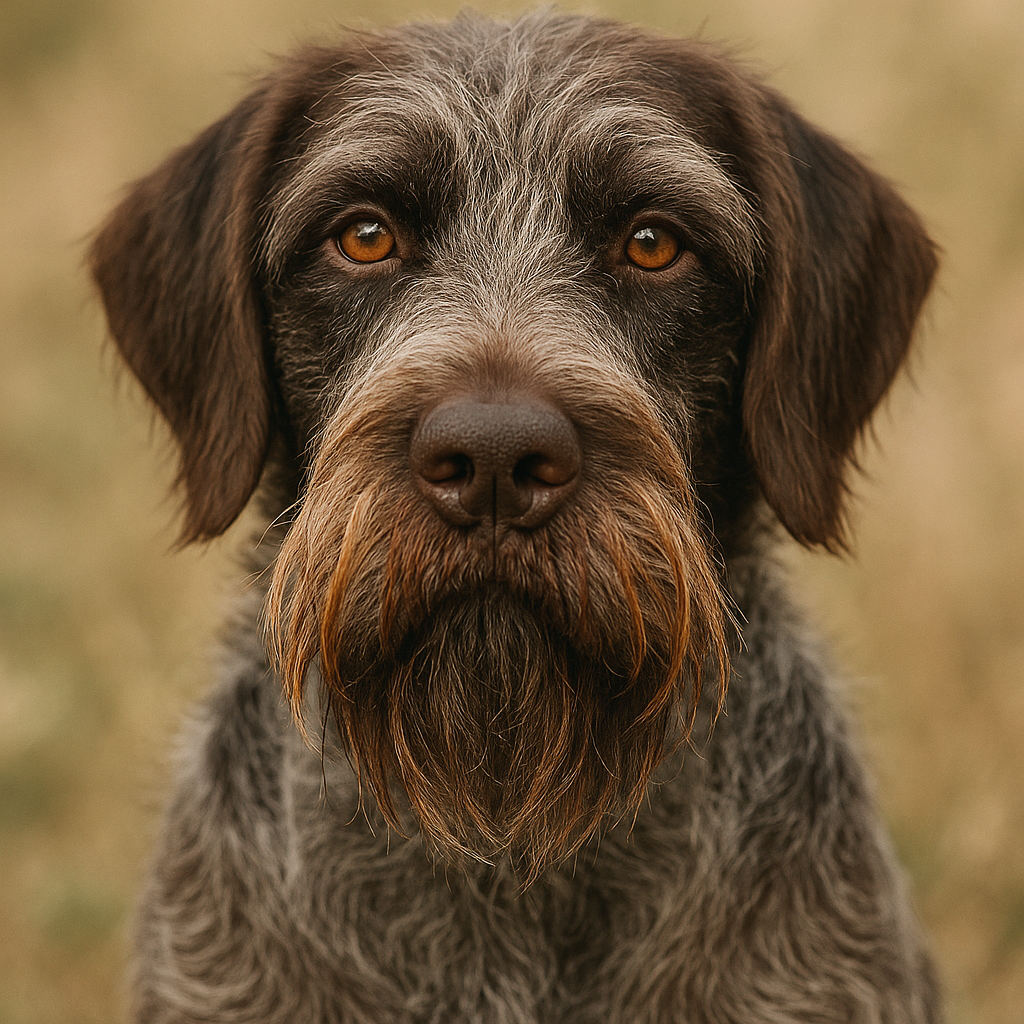 Portrait rapproché d'un Griffon d'arrêt barbu montrant le poil rêche et la barbe caractéristique