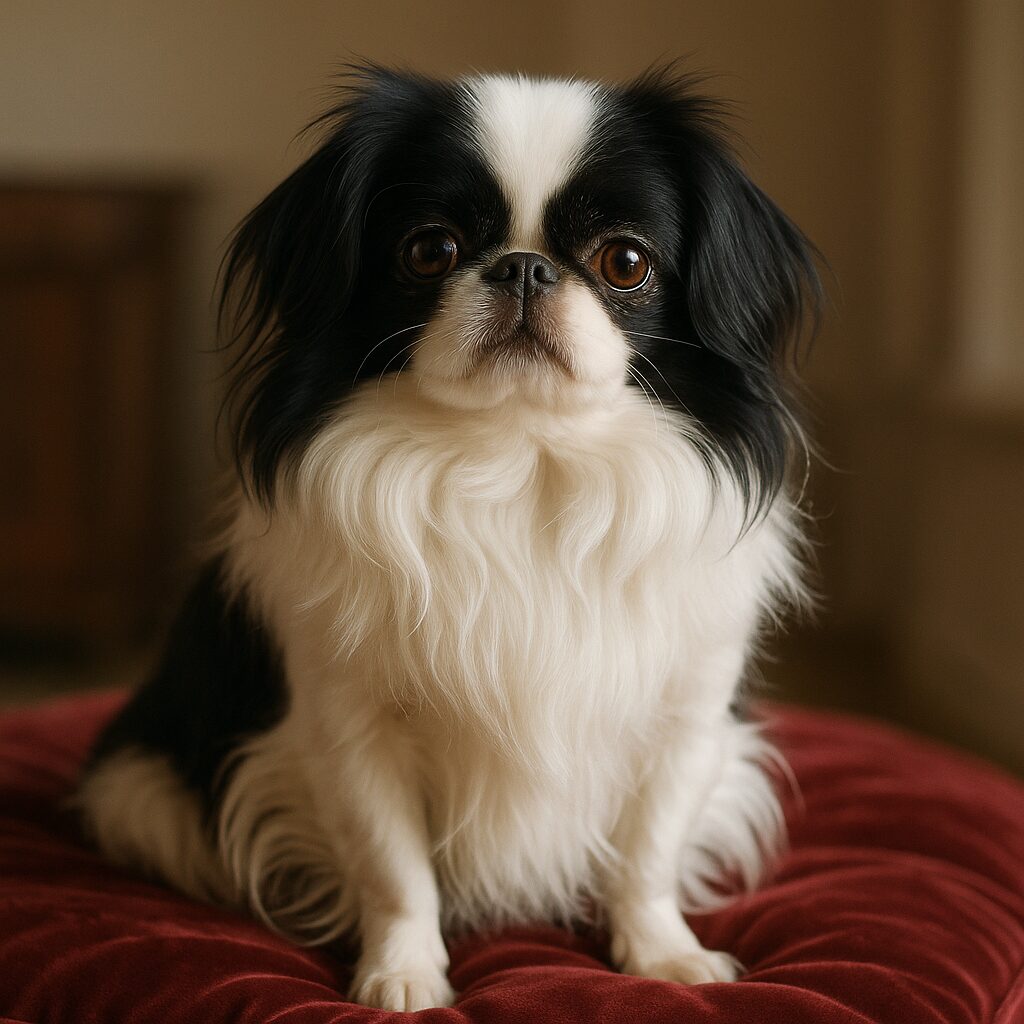 Japanese Chin assis sur un coussin, regard vif et pelage soyeux