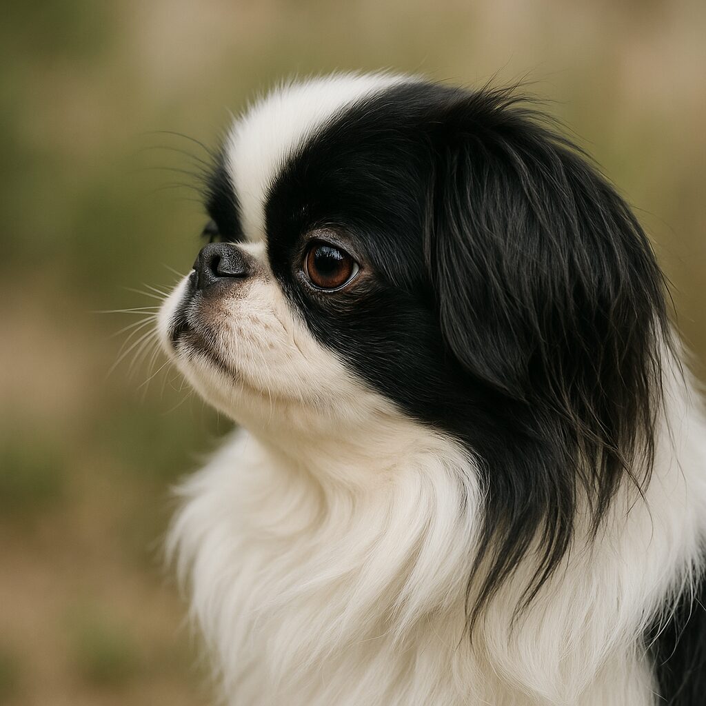 Profil d'un Japanese Chin montrant le museau court et les yeux expressifs