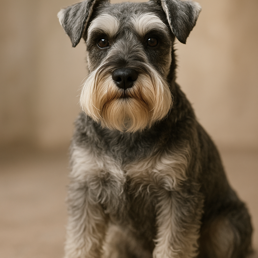 Portrait d'un Miniature Schnauzer moustachu assis, poil sel et poivre, regard alerte