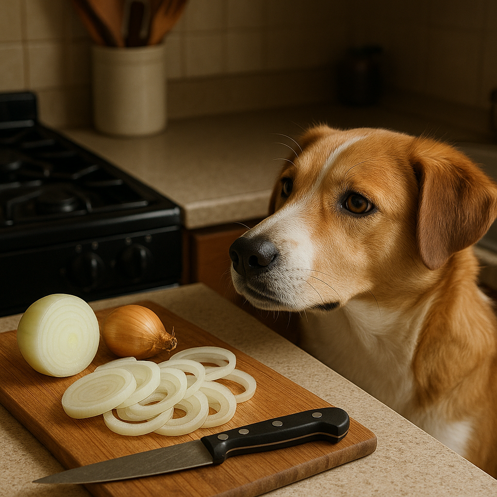 Oignon cru à côté d’un chien