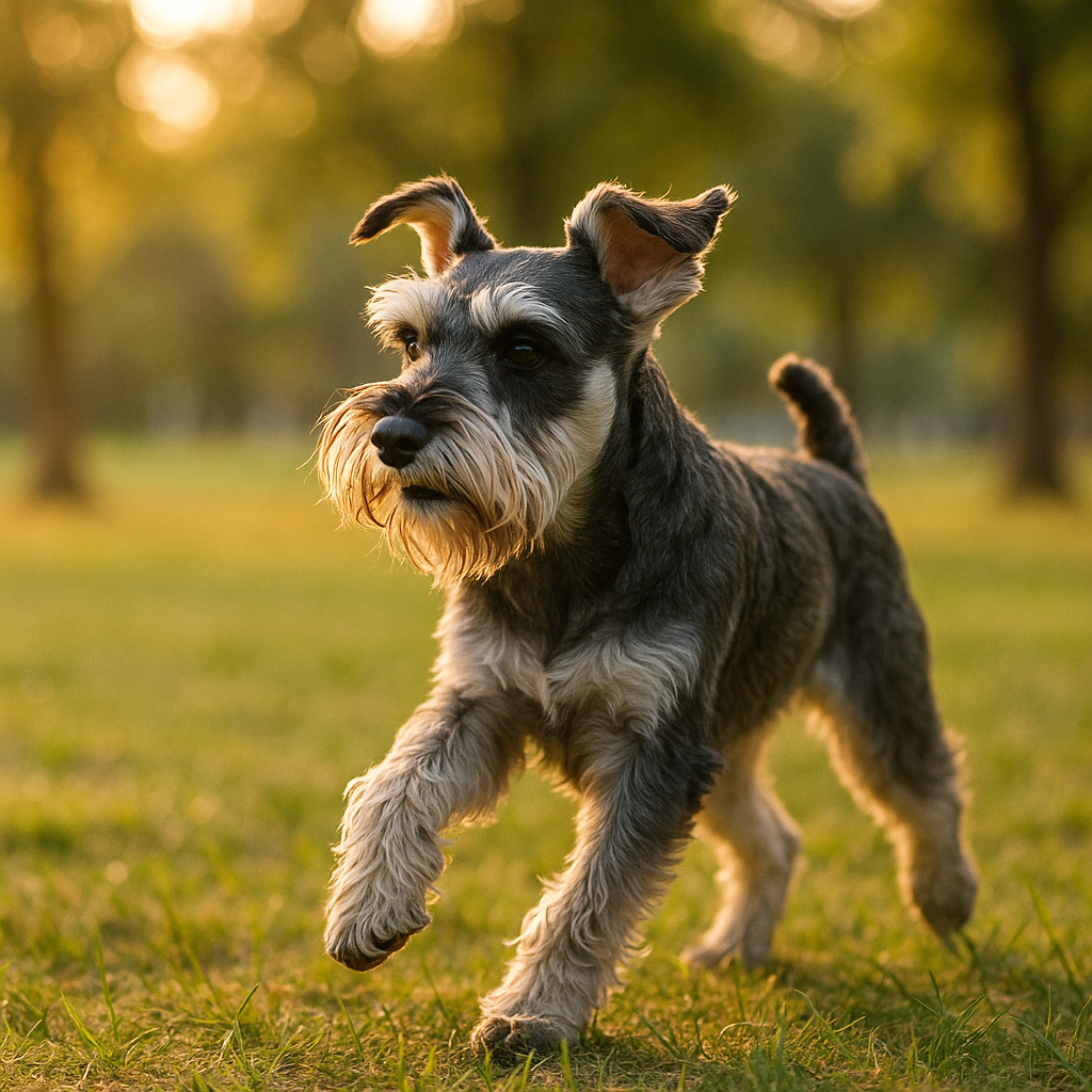 Miniature Schnauzer en mouvement dans un parc, posture alerte, pelage bien entretenu