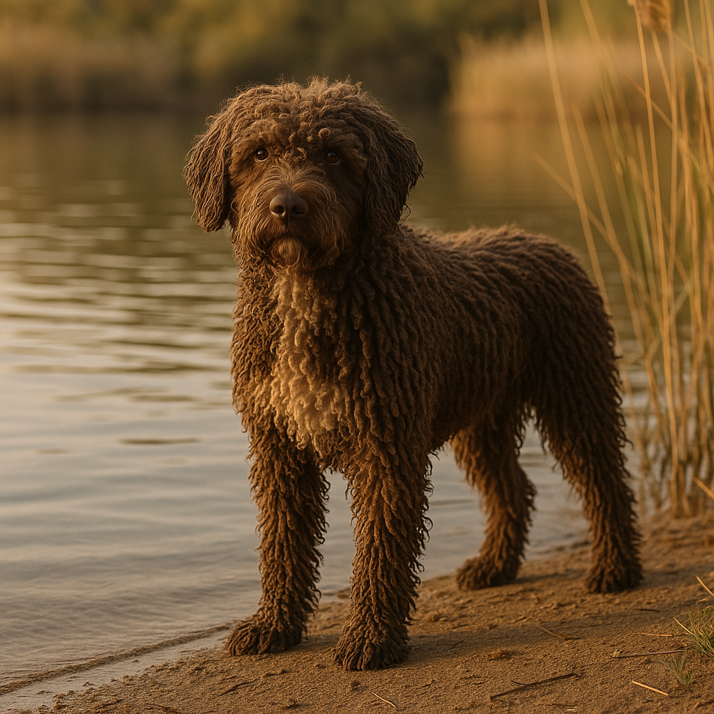 Spanish Water Dog debout au bord d’un lac, pelage en cordes, regard attentif