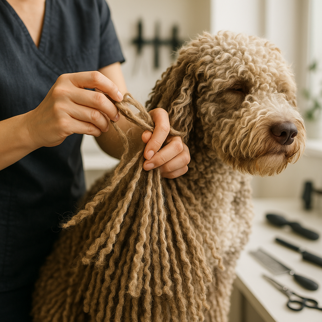 Main d’un toiletteur démêlant délicatement des cordes sur un Spanish Water Dog calmement assis