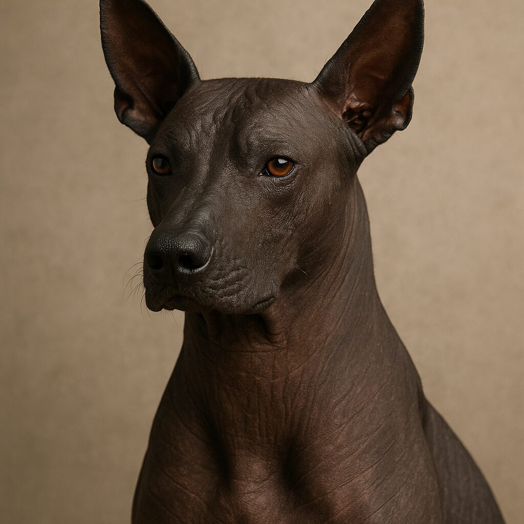 Portrait d'un Xoloitzcuintli nu avec peau sombre et regard attentif