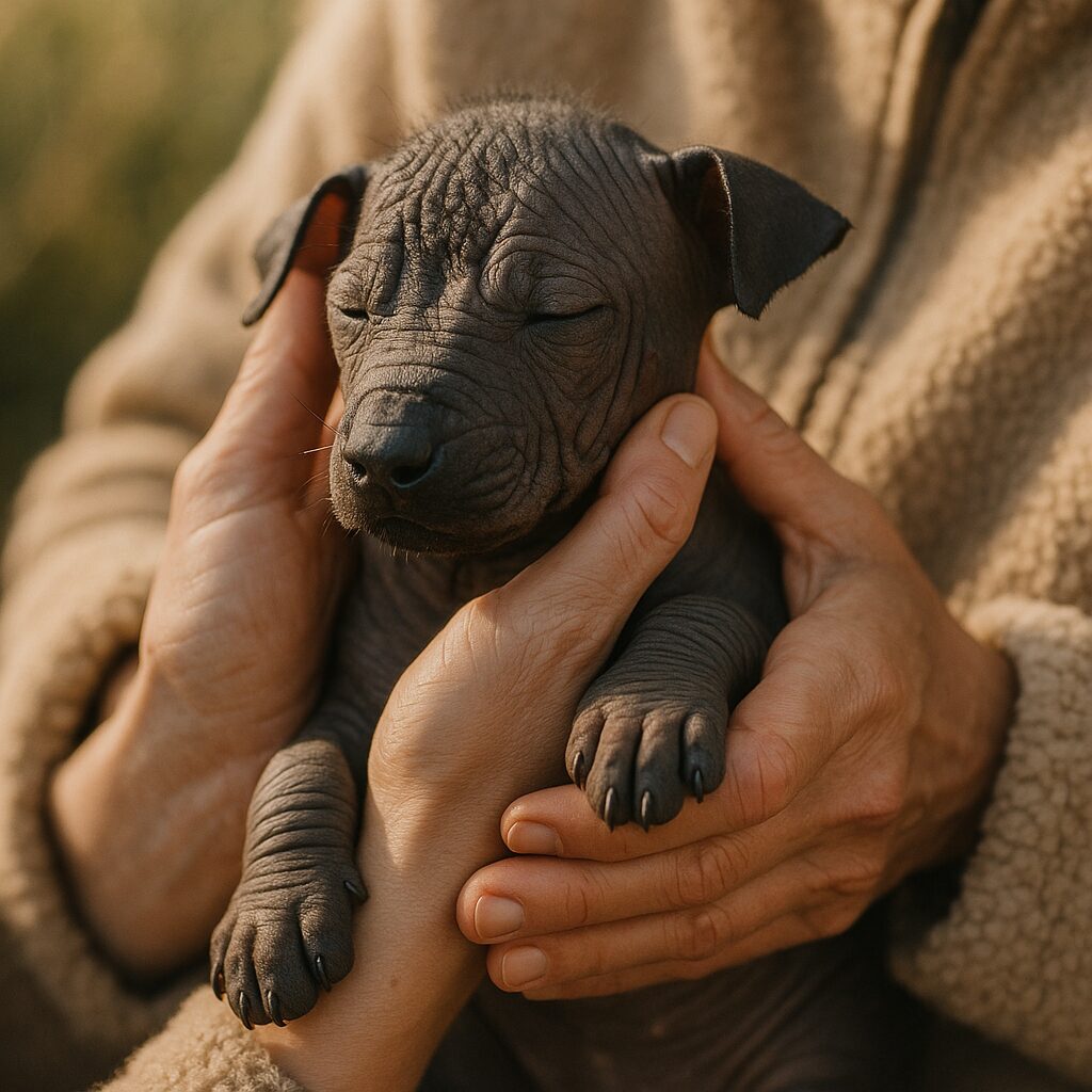 Chiot Xoloitzcuintli nu porté par une personne, démonstration de soins et protection solaire
