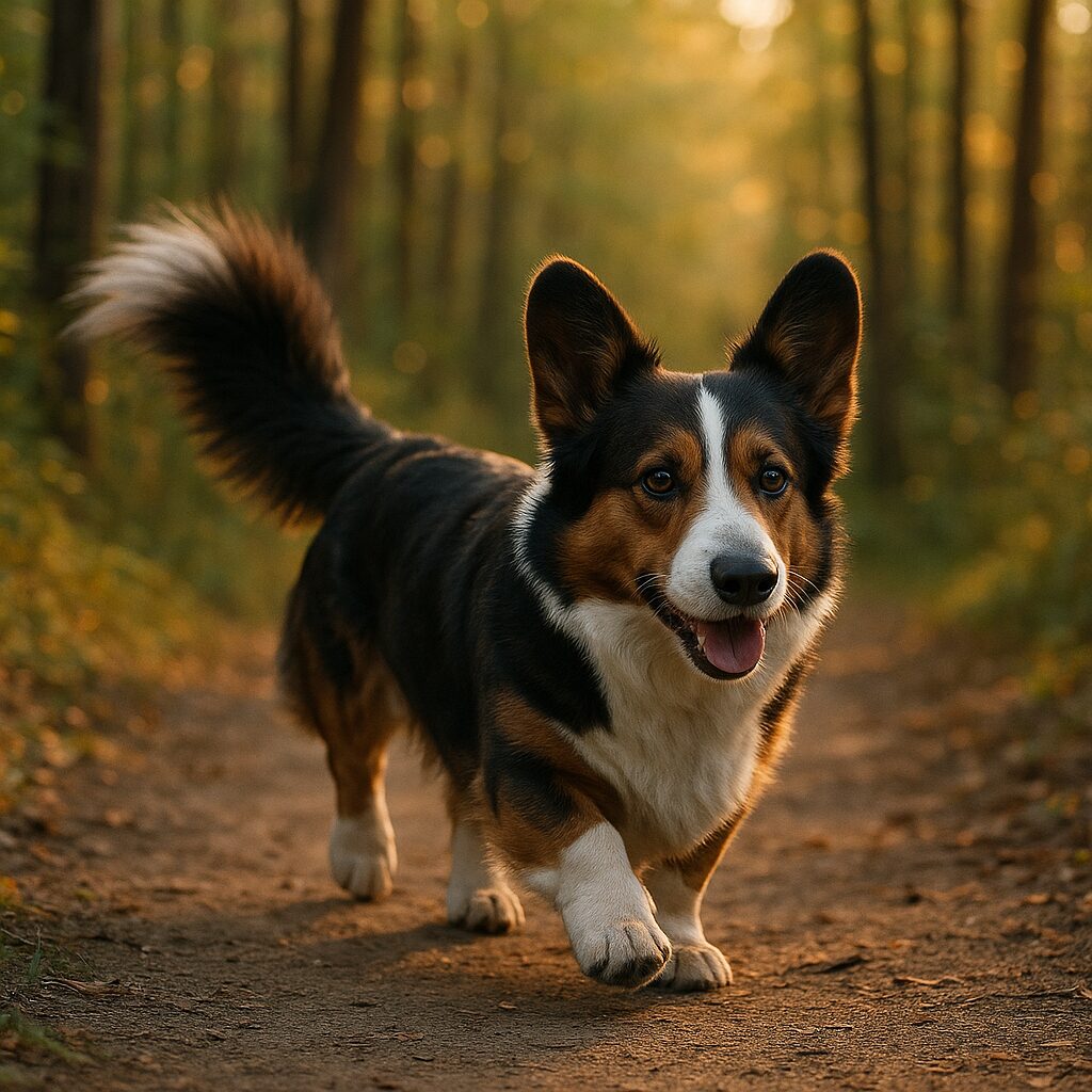 Cardigan Welsh Corgi en randonnée sur sentier