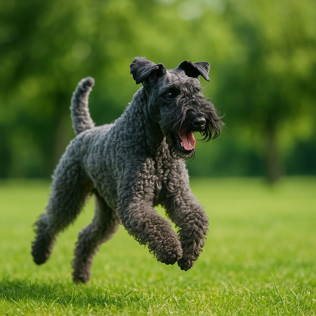 Kerry Blue Terrier en extérieur courant dans un parc, poil entretenu et mouvement athlétique
