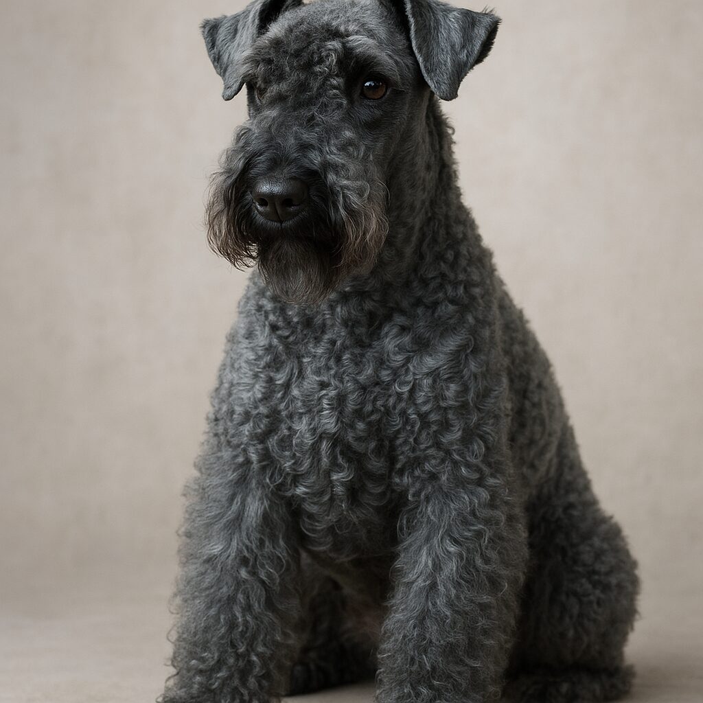 Portrait d'un Kerry Blue Terrier adulte au poil bleu-gris, assis, regard attentif