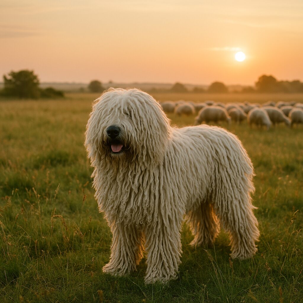 Komondor adulte au poil cordé surveillant un troupeau dans un champ hongrois