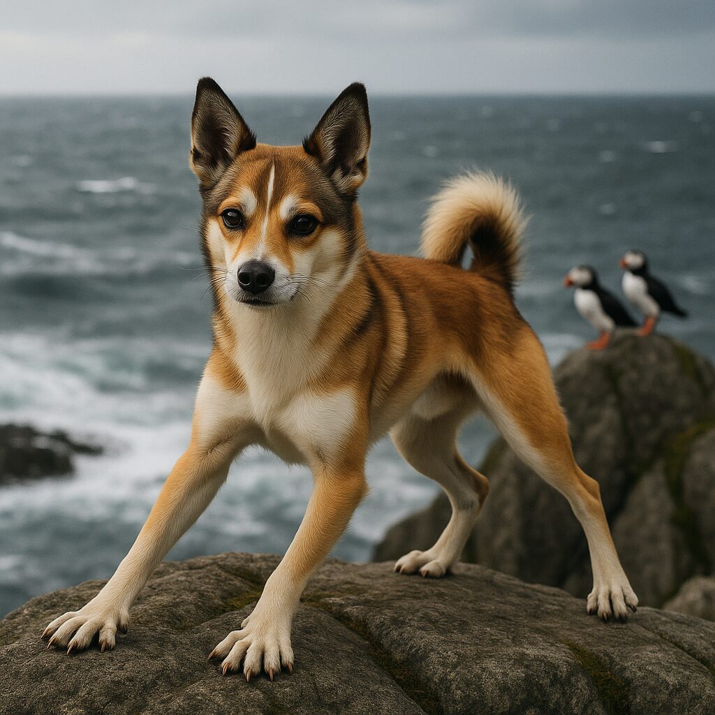 Un chien norvégien sur une falaise des Lofoten, observant des macareux avec la mer en arrière-plan, posture souple et concentrée