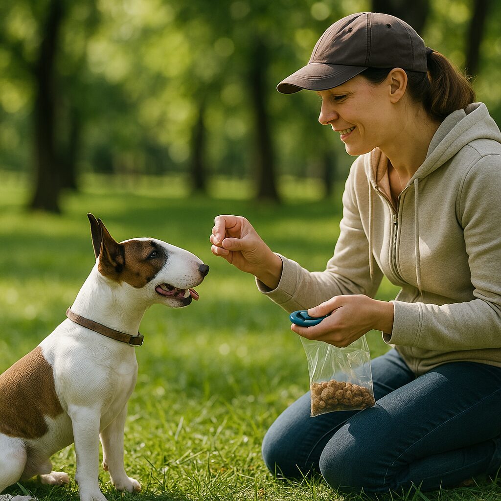 Séance d’éducation positive d’un Miniature Bull Terrier avec clicker et friandises