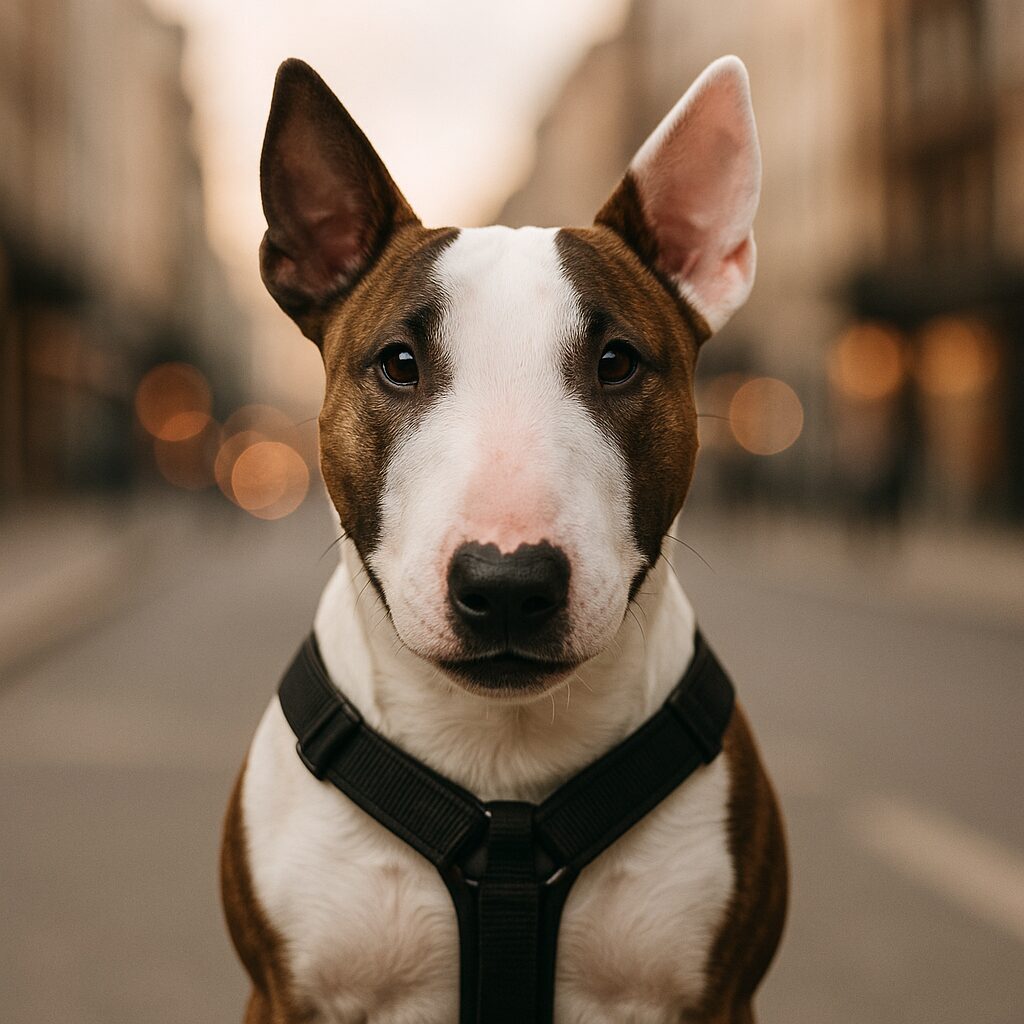 Miniature Bull Terrier attentif en ville, harnais, regard expressif